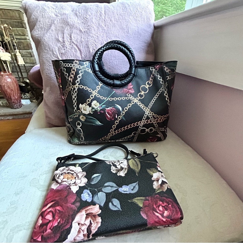 Dana Buchman, black floral vegan satchel crossbody bag - Picture 15 of 15
